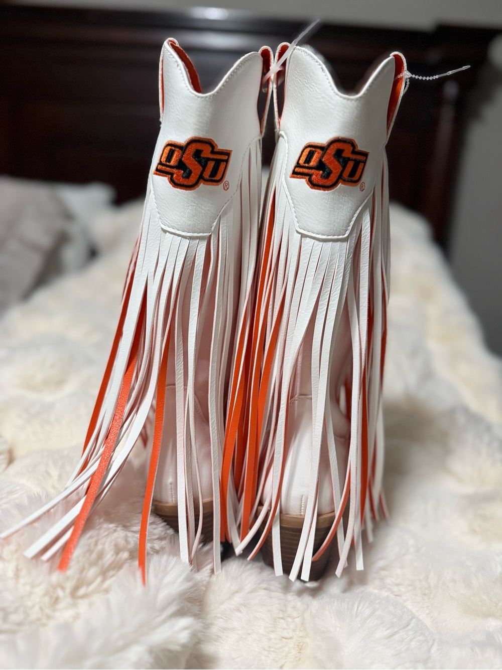 White and Orange Fringe Heeled Boots with Logo Detail